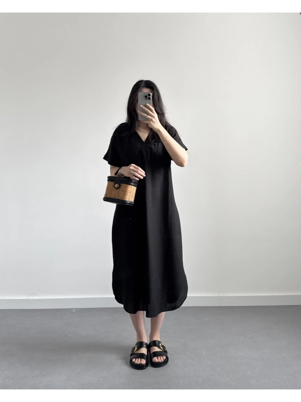 SİYAH V YAKA KETEN ELBİSE