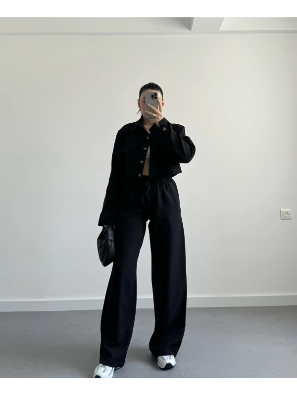 SİYAH VATKALI CROP CEKET TAKIM