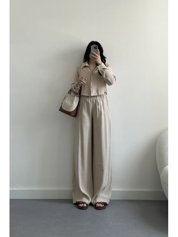 Taş crop tensel gömlek takım