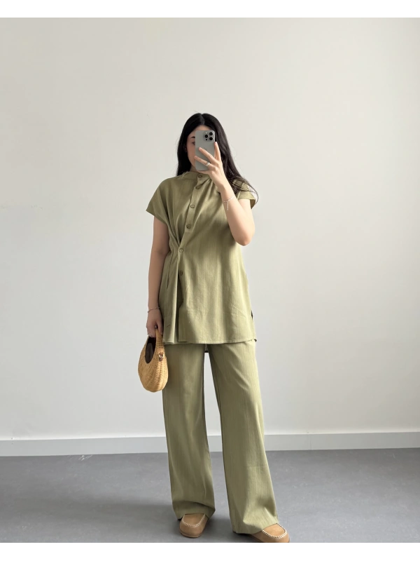 TASARIM DÜĞMELİ HAM KETEN TAKIM ÇAĞLA