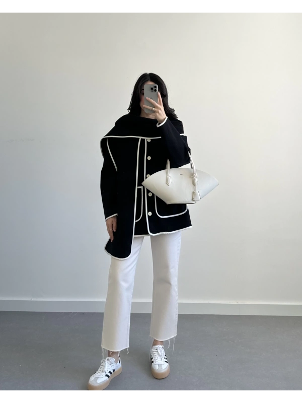 TASARIM SİYAH ATKILI KAŞE CEKET