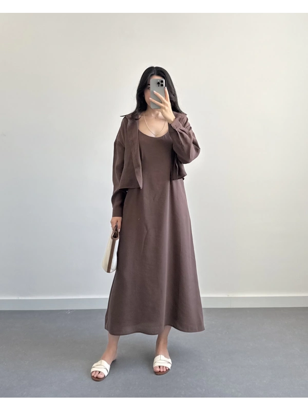 TENSEL KAHVE GÖMLEKLİ ELBİSE