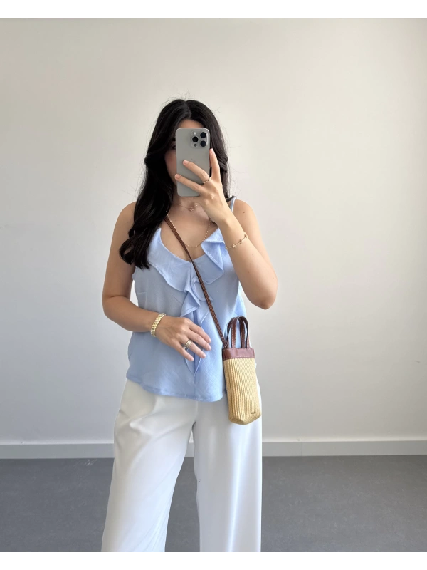 TWİLA ÖNÜ FIRFIRLI ASKILI BLUZ MAVİ