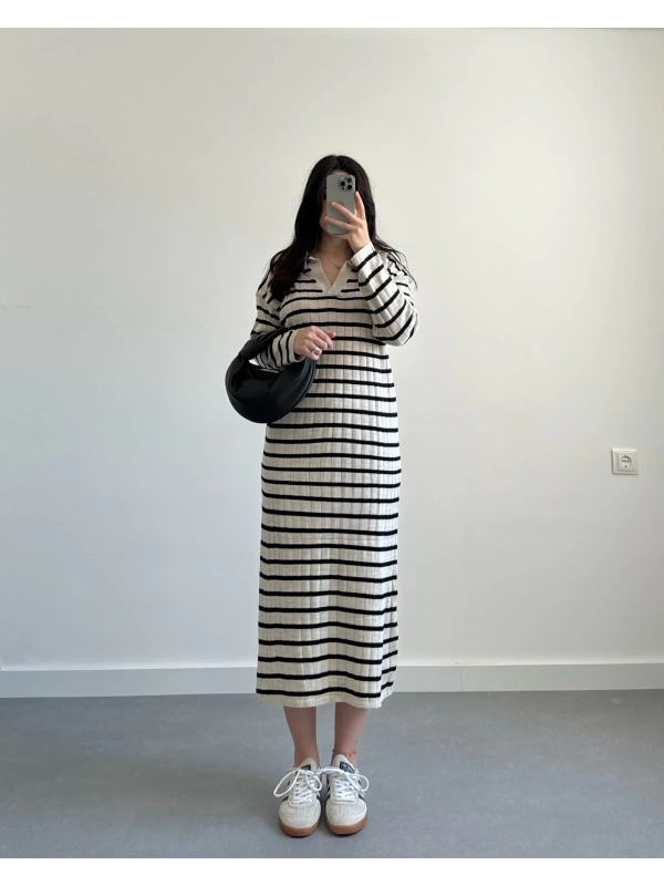 UZUN TRİKO BEJ-SİYAH ELBİSE