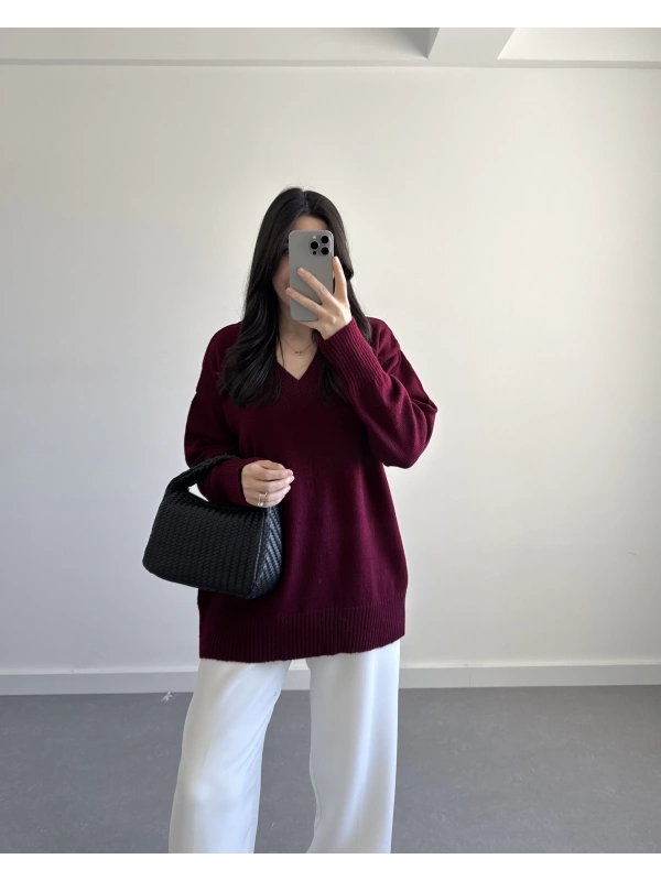 V YAKA PİNTEREST KAZAK BORDO