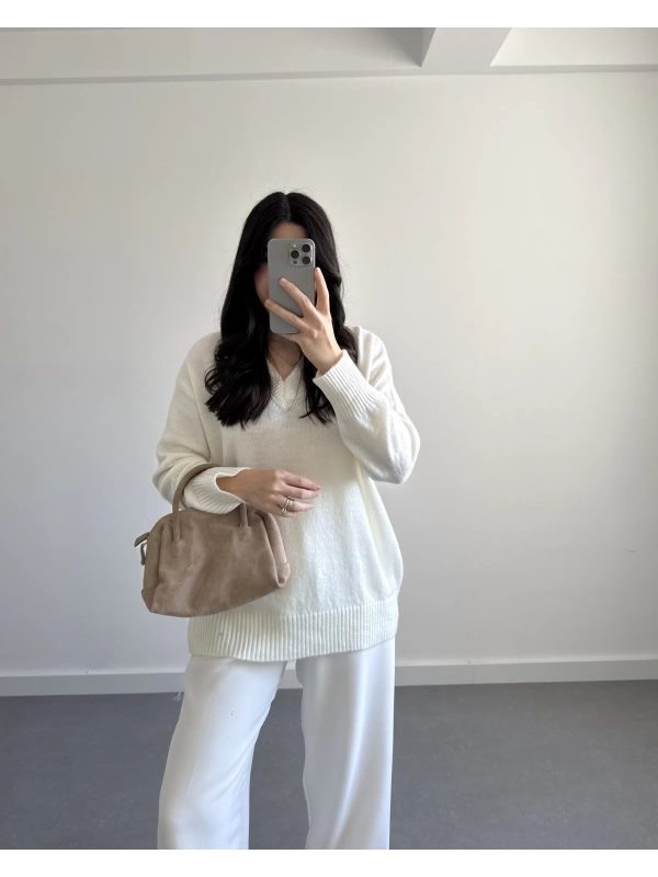 V YAKA PİNTEREST KAZAK EKRU