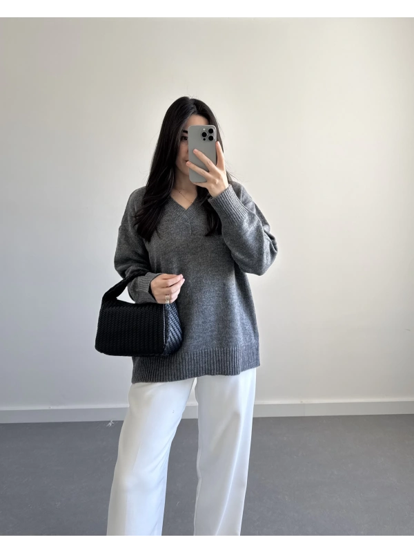 V YAKA PİNTEREST KAZAK GRİ