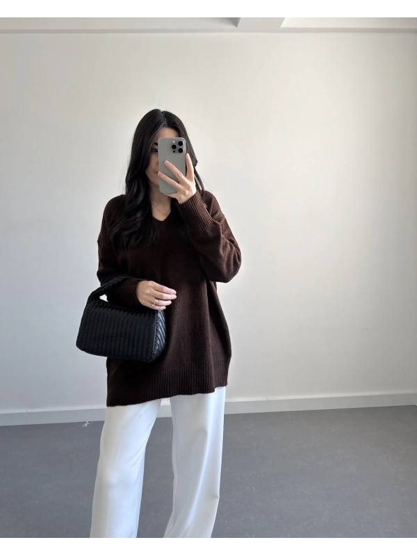 V YAKA PİNTEREST KAZAK KAHVE