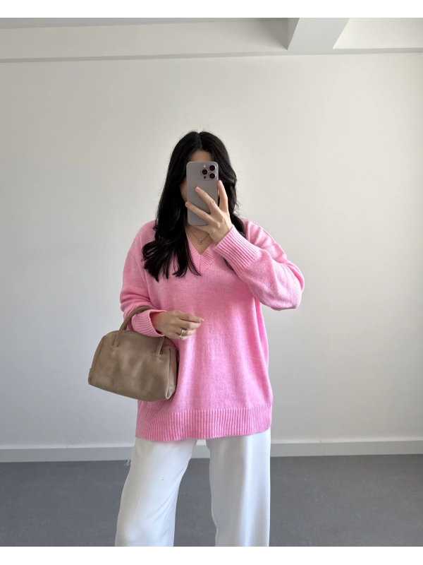 V YAKA PİNTEREST KAZAK PEMBE