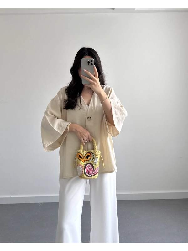 VANCE TENSEL ÖNÜ DÜĞMELİ KİMONO BEJ