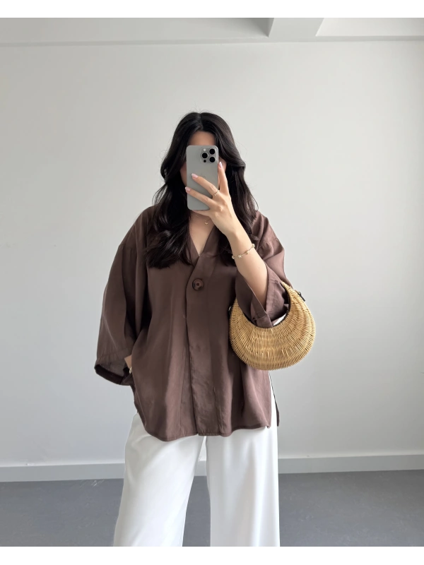 VANCE TENSEL ÖNÜ DÜĞMELİ KİMONO KAHVE