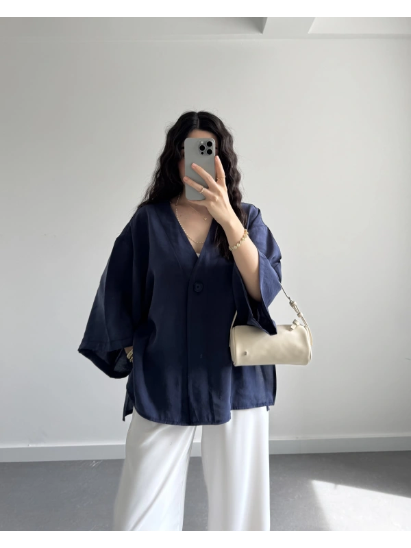 VANCE TENSEL ÖNÜ DÜĞMELİ KİMONO LACİVERT