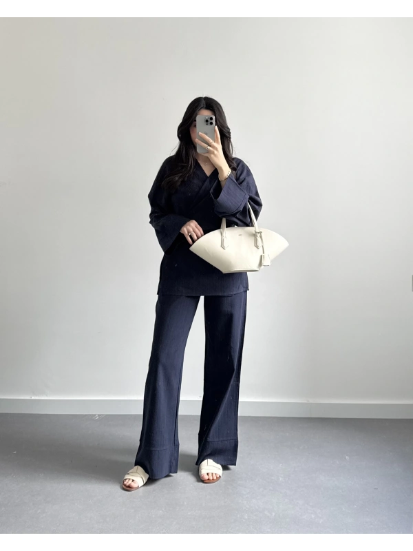 VİNA LACİVERT HAM KETEN İKİLİ TAKIM