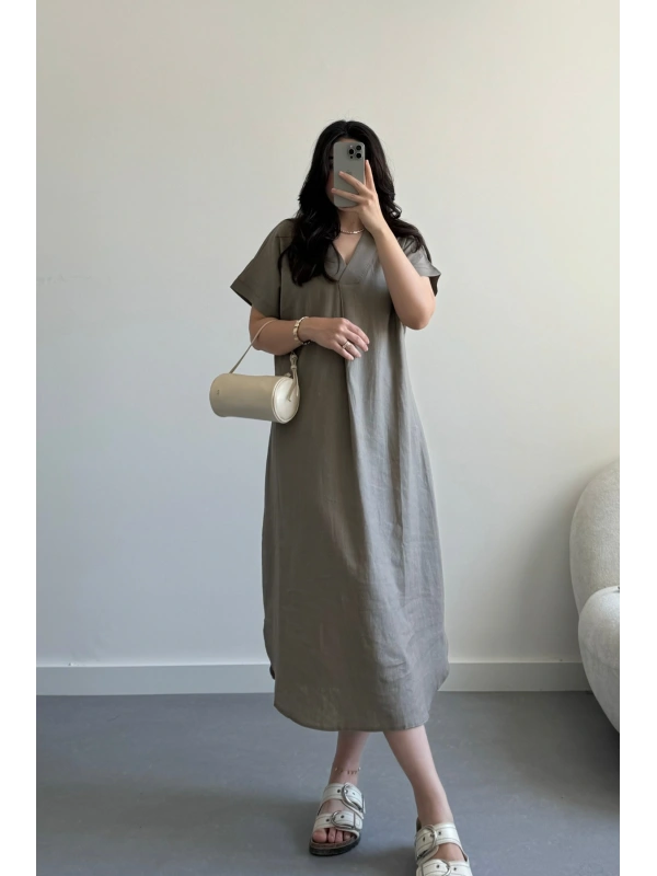 Vizon Keten Kumaş Midi Boy Elbise