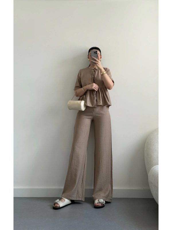 Vizon önü bağlamalı tensel gömlek takım