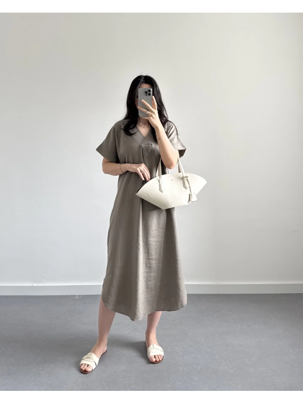 VİZON V YAKA KETEN ELBİSE