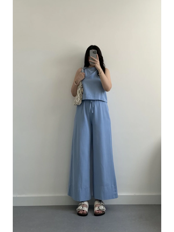 Winella mavi keten bluz takım