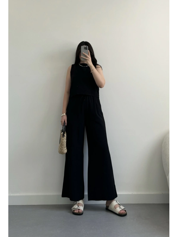 Winella siyah keten bluz takım