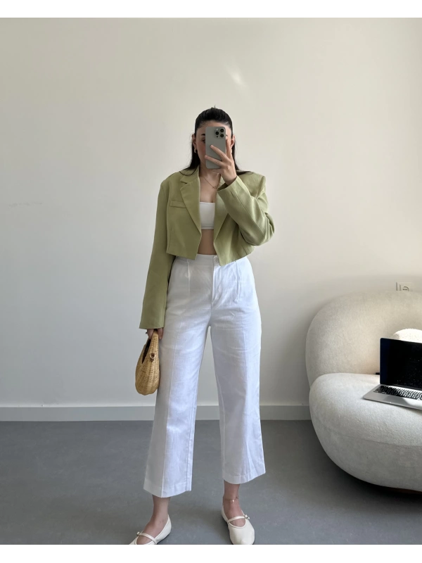 Yağ Yeşil Crop Keten Blazer