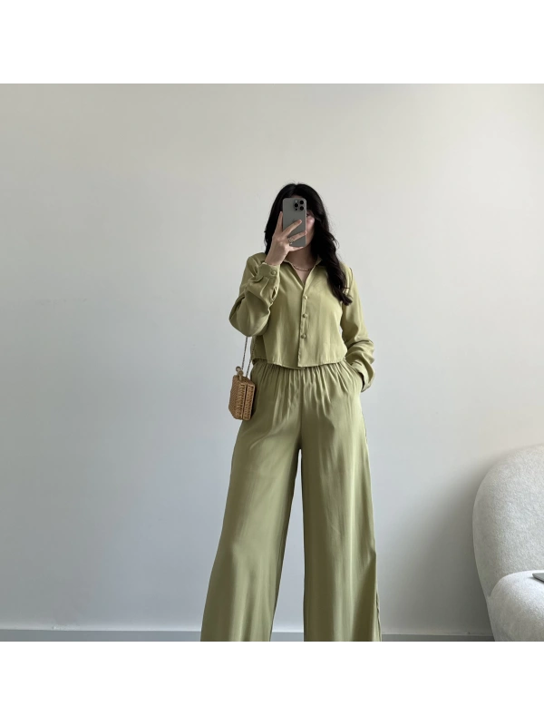 Yağ yeşil crop tensel gömlek takım