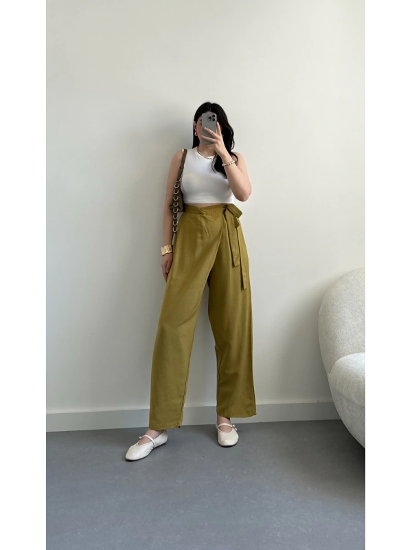 Yağ yeşil önü bağlamalı keten pantolon