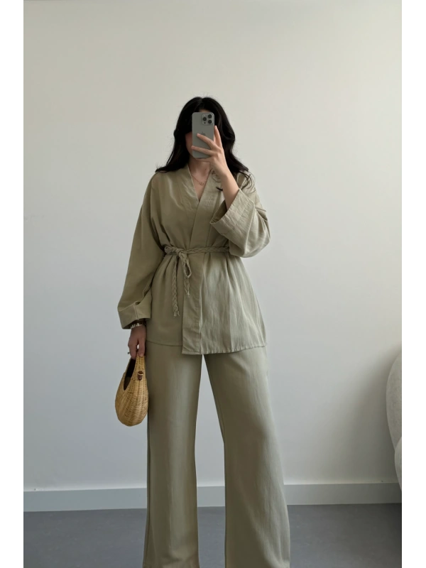 Açık Haki Örgü Kemerli Keten Takım