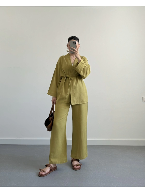 Yağ Yeşil Örgü Kemerli Keten Takım