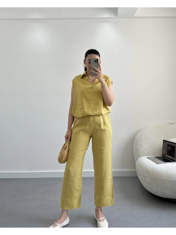 Yağ Yeşil Sıfır Kol Keten Bluz Takım