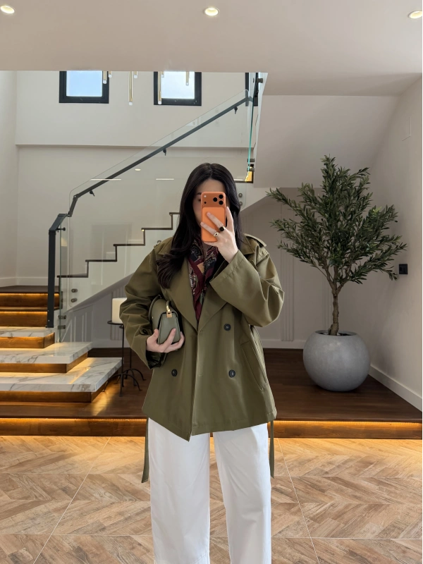 YAĞ YEŞİLİ KUŞAKLI APOLETLİ TRENÇ -7753