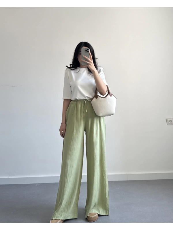 YEŞİL GOFRE KUMAŞ PANTOLON