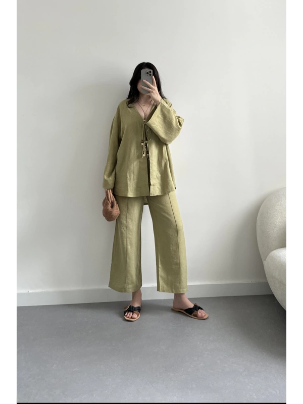 Yeşil keten kumaş bohem takım