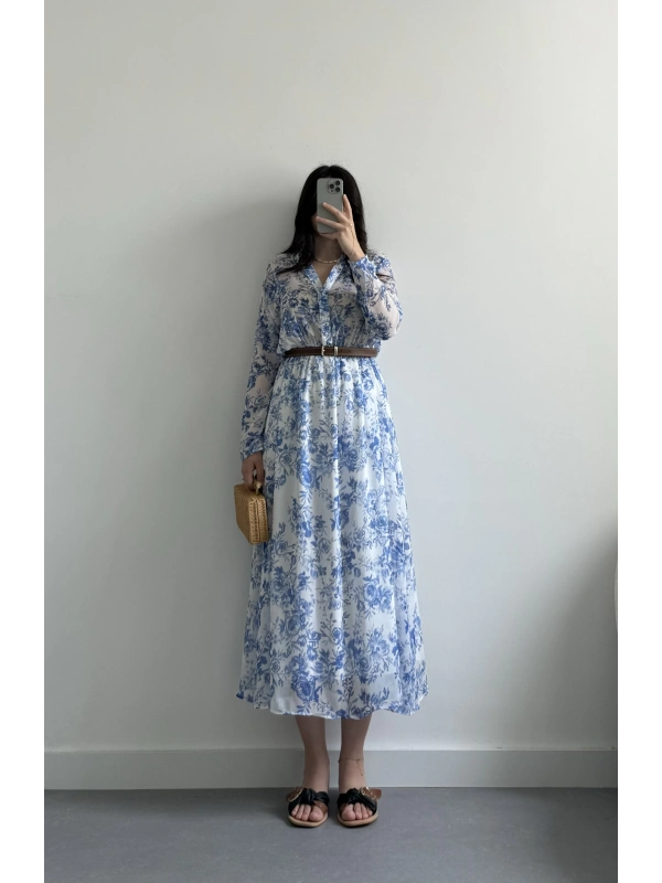 ZR model mavi çiçekli elbise