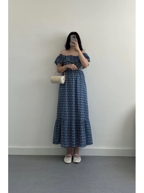 ZR model mavi Madonna yaka elbise