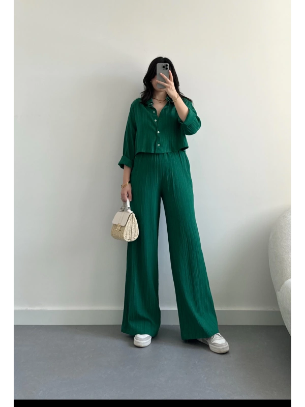 Zümrüt crop gömlek takım