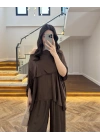 KAHVE ASİMETRİK KESİM OVERSİZE BLUZ PANTOLON TAKIM-1332