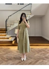 YEŞİL ÖNÜ DÜĞMELİ KUŞAKLI TENSEL ELBİSE -5062