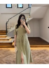 YEŞİL ÖNÜ DÜĞMELİ KUŞAKLI TENSEL ELBİSE -5062