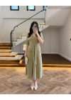 YEŞİL ÖNÜ DÜĞMELİ KUŞAKLI TENSEL ELBİSE -5062