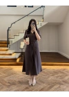 KAHVE ÖNÜ DÜĞMELİ KUŞAKLI TENSEL ELBİSE -5062