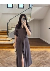 KAHVE ÖNÜ DÜĞMELİ KUŞAKLI TENSEL ELBİSE -5062