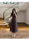 KAHVE ÖNÜ DÜĞMELİ KUŞAKLI TENSEL ELBİSE -5062