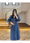 DENIM YARIM KOL ELBİSE -7240