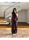 KAHVE TENSEL NEVÜRLÜ BLUZ PANTOLON TAKIM-250483