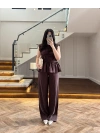 KAHVE TENSEL NEVÜRLÜ BLUZ PANTOLON TAKIM-250483