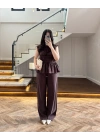 KAHVE TENSEL NEVÜRLÜ BLUZ PANTOLON TAKIM-250483