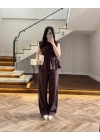 KAHVE TENSEL NEVÜRLÜ BLUZ PANTOLON TAKIM-250483