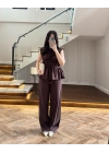 KAHVE TENSEL NEVÜRLÜ BLUZ PANTOLON TAKIM-250483