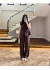 KAHVE TENSEL NEVÜRLÜ BLUZ PANTOLON TAKIM-250483