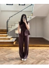 KAHVE TENSEL NEVÜRLÜ BLUZ PANTOLON TAKIM-250483