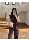 KAHVE TENSEL NEVÜRLÜ BLUZ PANTOLON TAKIM-250483